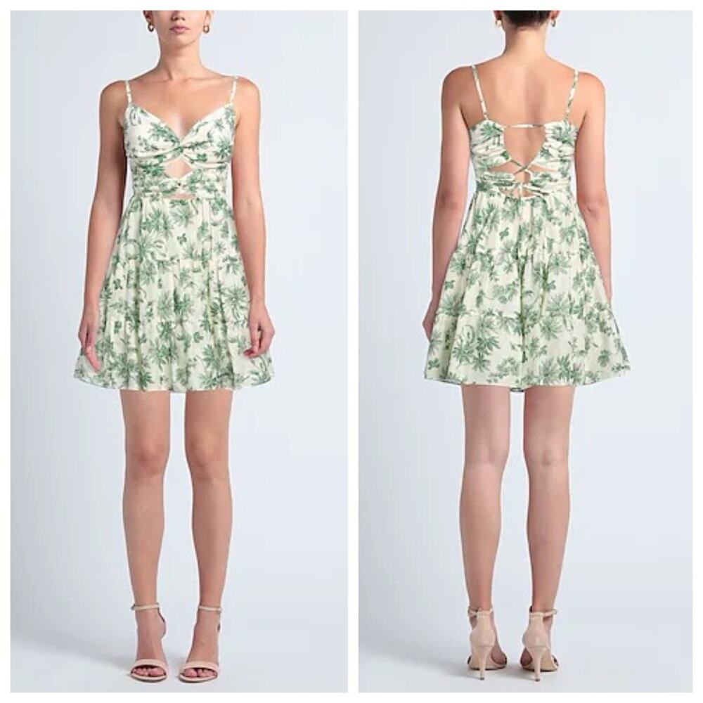 Sandro Linen Palm Print Mini Dress White Green Size 2